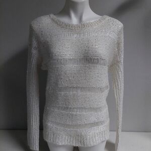 Guess Cream Knit Top Sequin Long Sleeve Ribbed Scoop Neck Size XS Delicate‎ Look